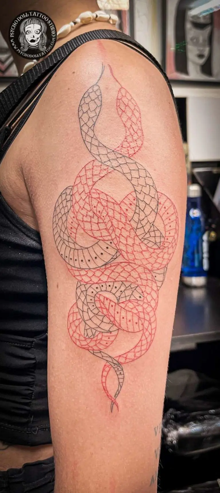hieno viiva tatuointi käärme musta punainen