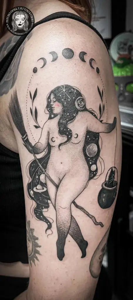 chubby witch tattoo with moons and cat